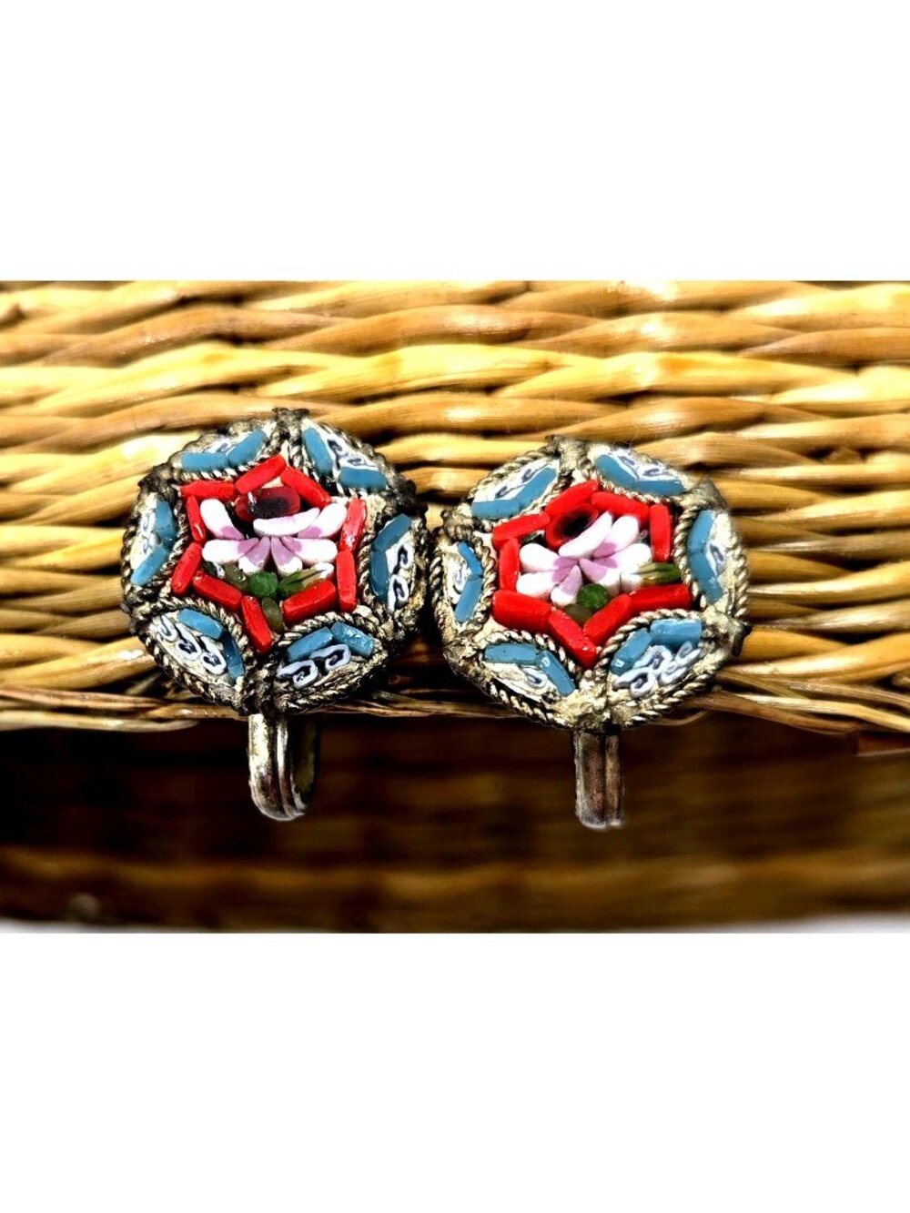 Vintage Micro Mosaic Screw-Back Earrings With Floral Design Red & Blue Accents,